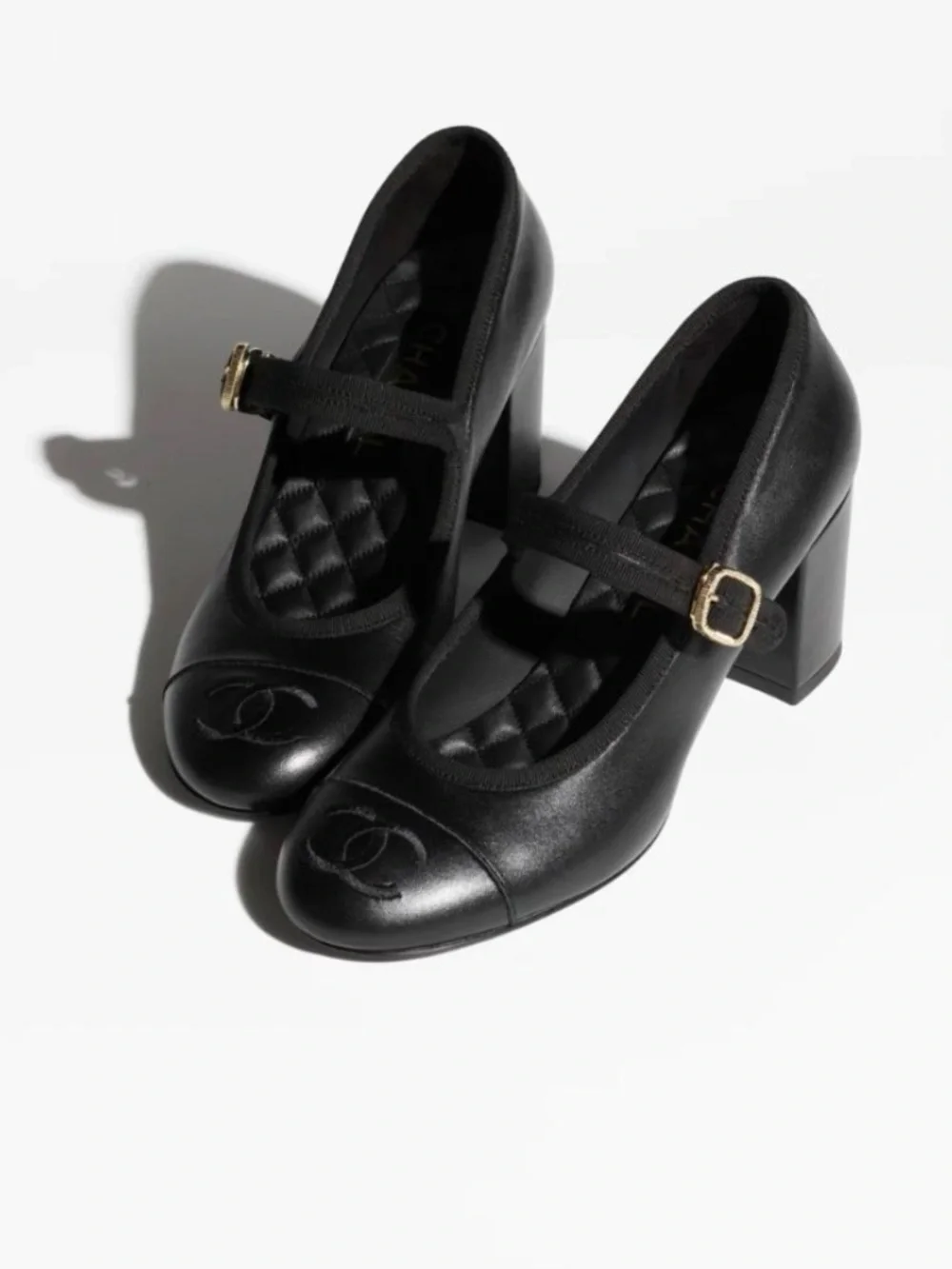 NWT CHANEL Black Leather Mary Jane Block Heels with Gold Buckle